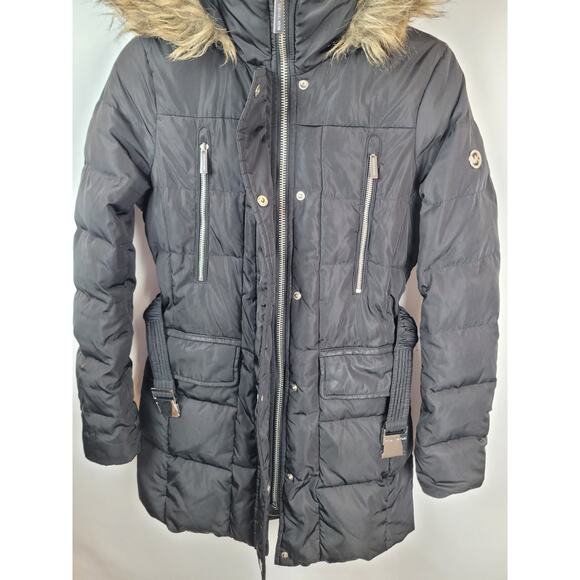 Michael Kors Jacket Women's Black Down Parka Coat Belted Faux Fur Hooded Sz XXS - Picture 6 of 16